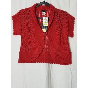 Sweaterworks Women deep coral Crochet Knit Open Front Cardigan Shrug  Small